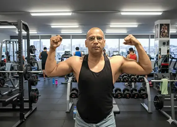 Ashish Ranjan in a gym, both arms raised